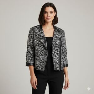 Peter Nygard Black and White Patterned Blazer With Beaded Shoulders Size 14